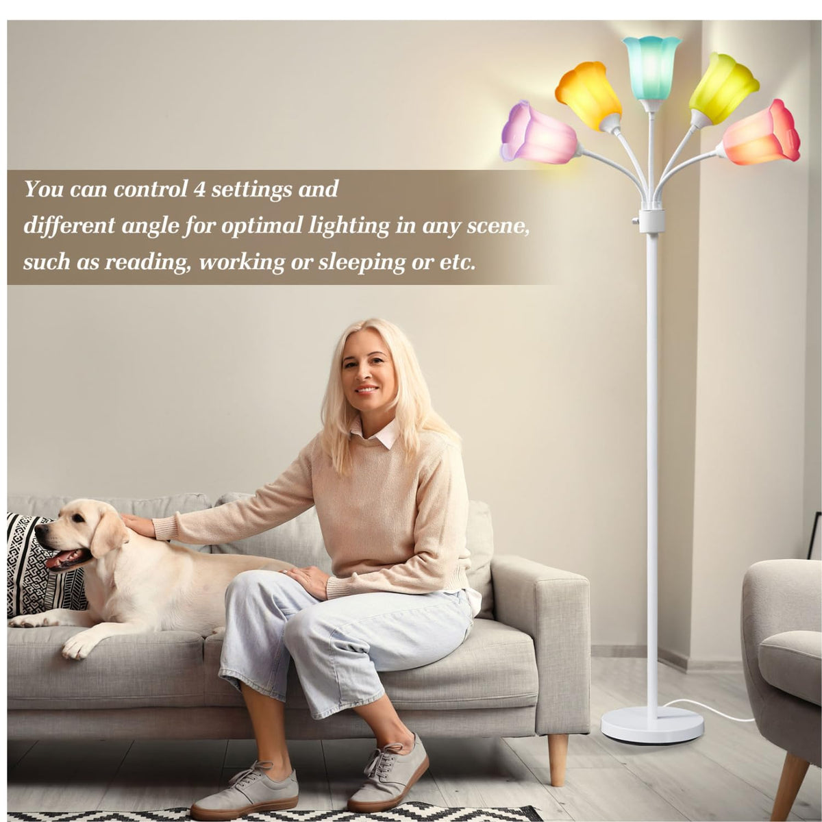 Medusa LED Floor Lamp 5 Head Midcentury Tall Standing Lamp Adjustable Gooseneck Multicolored Tulip Petal Lampshades