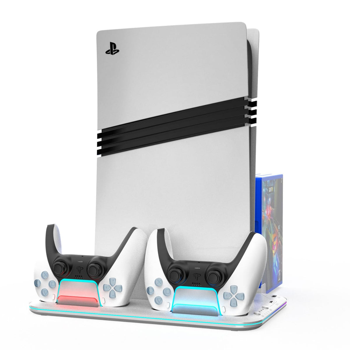 White Vertical Cooling Stand with Dual Controller Charging Dock, Silent Cooling Fan Base, Headset Holder & Media Slots for Disc & Digital Edition Consoles with Type-C Cable