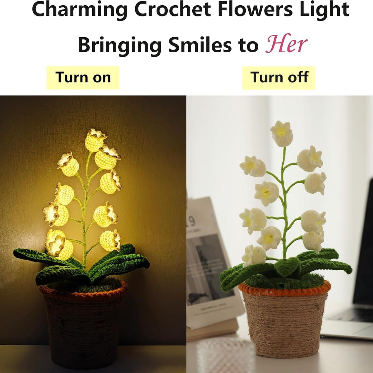 Lily of the Valley Crochet Flower Lamp - 10 Blooming Bell Lights Hand-Crocheted Potted Night Light - Battery Operated Cozy Aesthetic Room Decor & Thoughtful Handmade Gift for Women Mom Friends