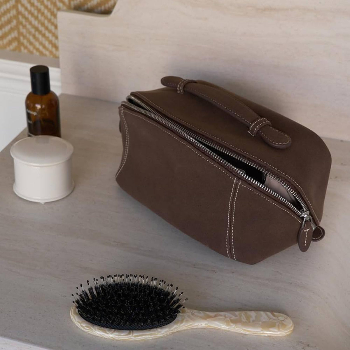 Large Capacity Travel Cosmetic Bag - Soft PU Leather Makeup Organizer with Flat Lay Wide Opening & Dividers