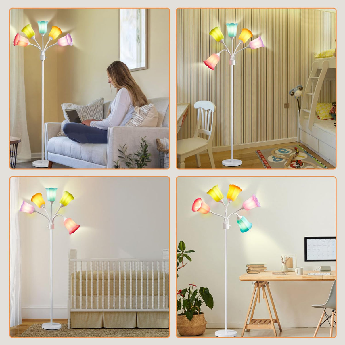 Medusa LED Floor Lamp 5 Head Midcentury Tall Standing Lamp Adjustable Gooseneck Multicolored Tulip Petal Lampshades
