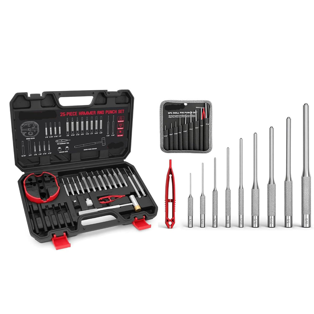 34-Piece Gunsmithing Punch Set with Detachable Hammer & Bench Block – 25-Piece Armorers Punch Kit & 9-Piece Roll Pin Punch Set with Storage Case for Gun Maintenance, Automotive, Repair
