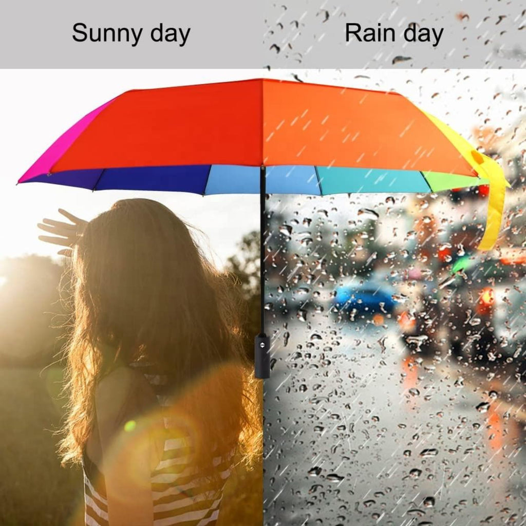 Rainbow Automatic Compact Travel Folding Umbrella - Large 44 Inch Canopy Arc, Windproof 9 Rib Fiberglass Frame, One-Touch Auto Open Close Portable Weather Shield for Men Women