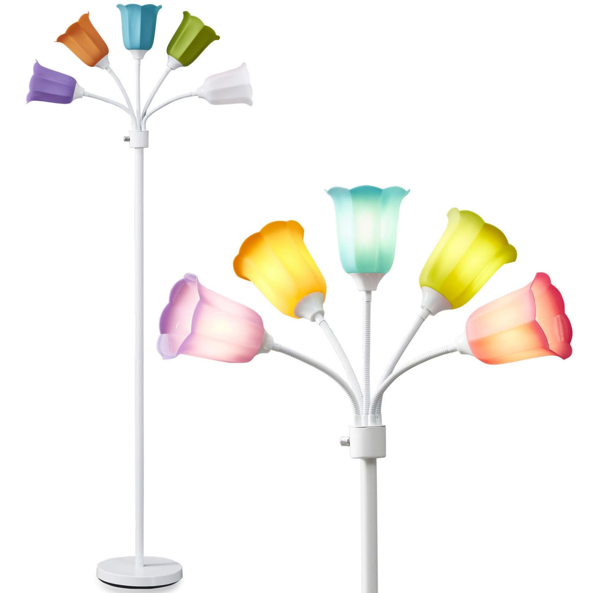 Medusa LED Floor Lamp 5 Head Midcentury Tall Standing Lamp Adjustable Gooseneck Multicolored Tulip Petal Lampshades