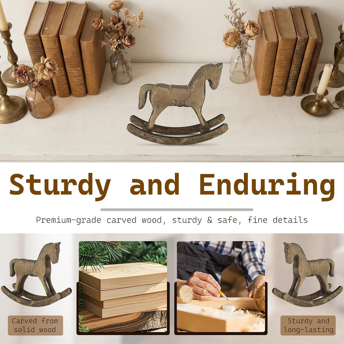6 Pack Vintage Wooden Rocking Horse Decor, Handcrafted Antique Style Miniature Figurines