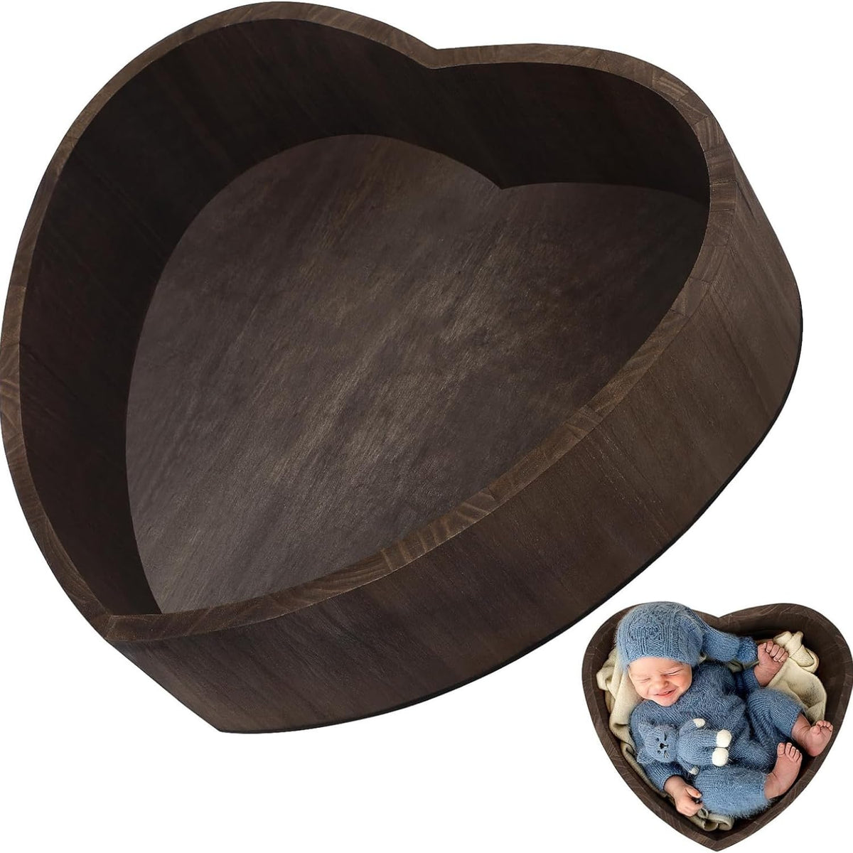 Heart Shaped Wooden Baby Posing Bowl (16.7" x 14.9" x 4.7") – Dark Brown Newborn Photography Prop Bed & Decorative Storage Tray for Infant Photoshoot Studio Setup