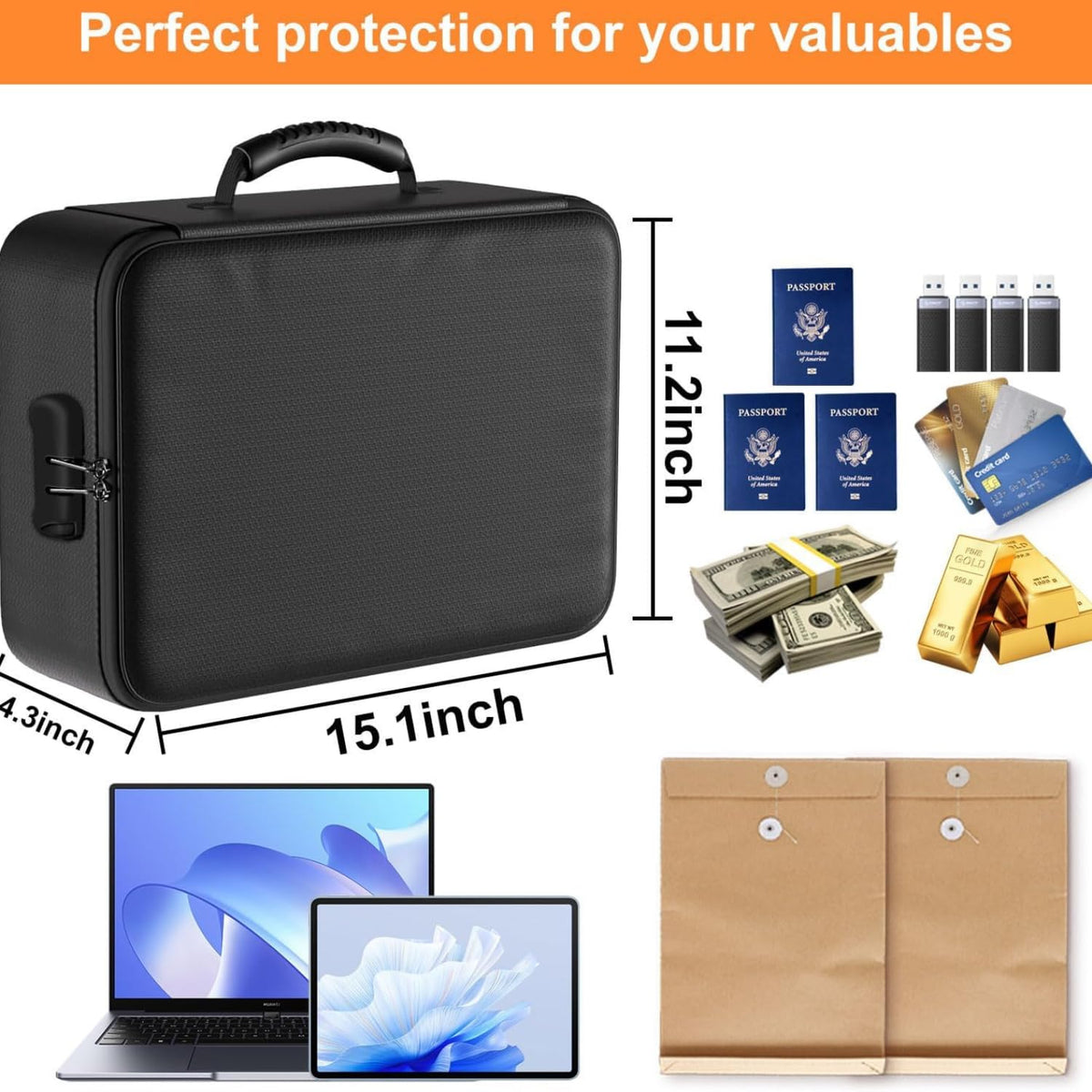 Fireproof Document Box with Lock, 8-Layer Thermal Insulated File Organizer Bag, Waterproof Leather Portable Safe Storage Box with 13 Pockets & Handle for Passports, Certificates, Laptop & Valuables