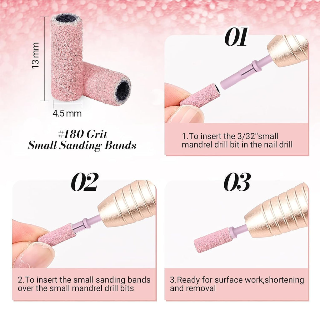 50 Pcs Small Sanding Bands with 3.1mm Mandrel Bit (Pack of 2) – #180 Fine Grit Mini Nail Drill File Bands for Cuticle Prep, Underside Acrylic & Gel Polish Removal, Pink
