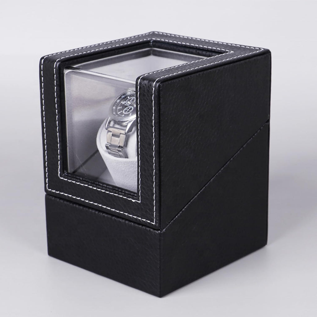 Single Watch Winder Box, Black PU Leather with Clear Window