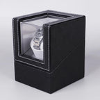Single Watch Winder Box, Black PU Leather with Clear Window