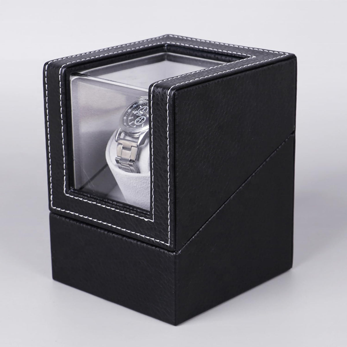 Single Watch Winder Box, Black PU Leather with Clear Window