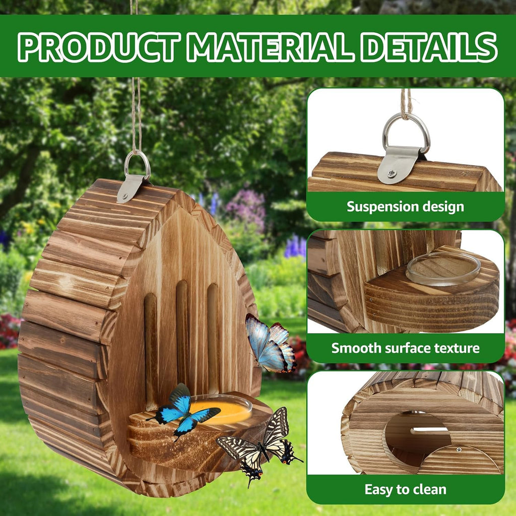 Wooden Butterfly House and Feeder, Natural Teardrop Butterfly Habitat Box with Nectar Dish & Cleanout Door, Outdoor Hanging Wild Insect Shelter for Garden Yard Decor, Gardening Gift for Mom Women