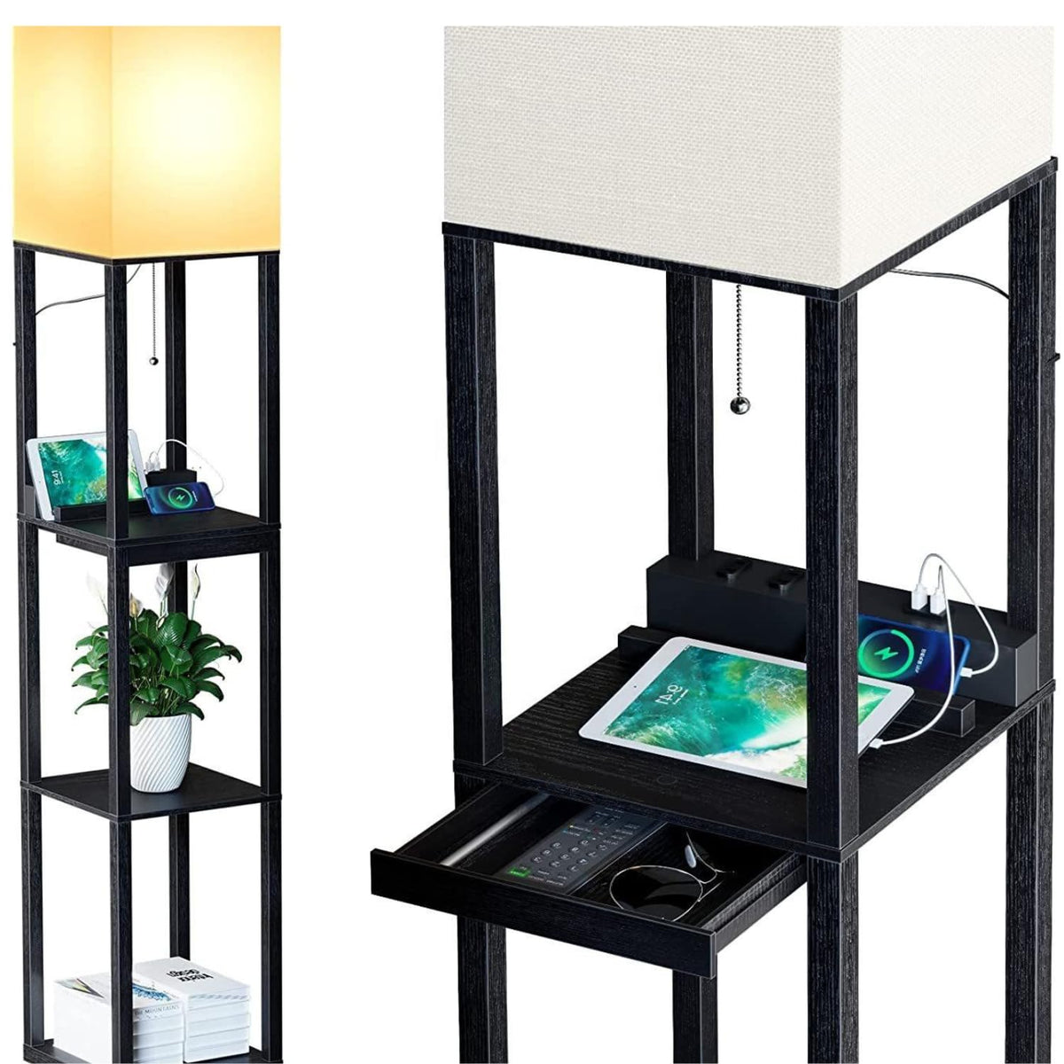 Shelf Floor Lamp Modern Standing Tower Corner Display Shelf Light Tall Bedside Nightstand Lamp with USB Charging Ports