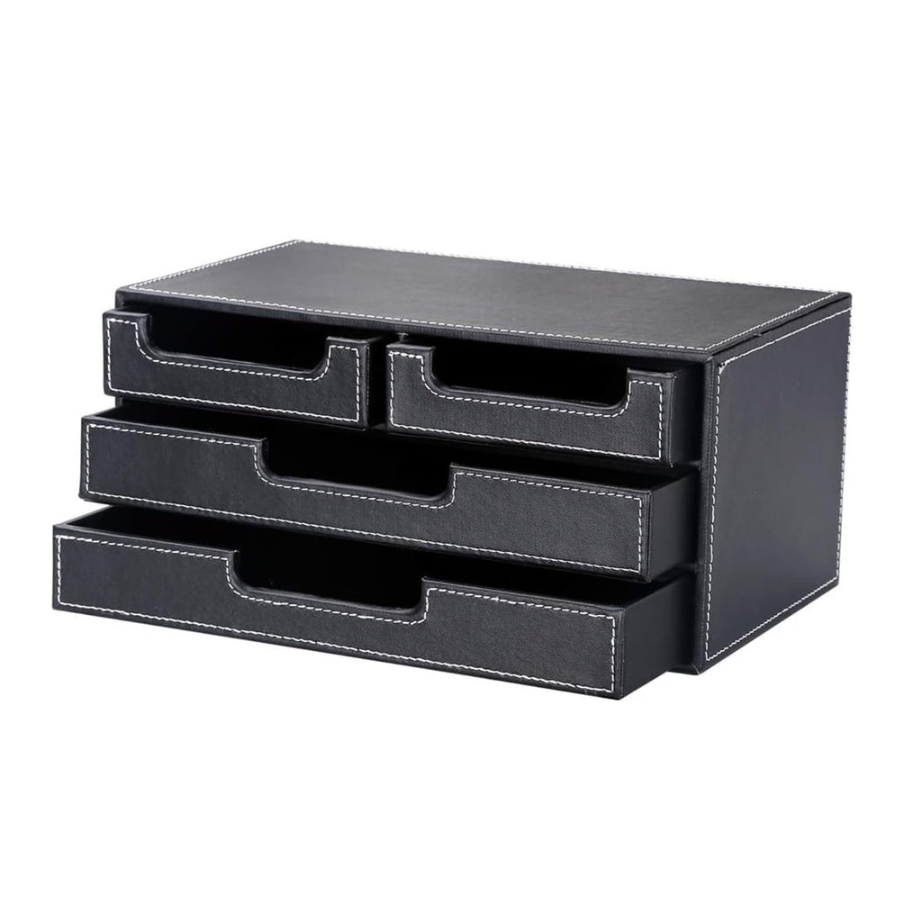 4-Drawer Leather Desktop Organizer Box, PU Leather Mini Storage Drawer Case, Office Desk Countertop Organizer Caddy for Stationery, Bills, Jewelry, Crafts, Accessories