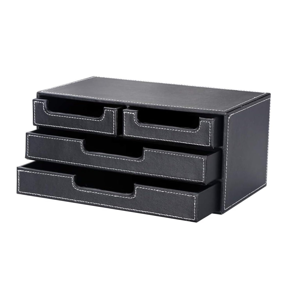 4-Drawer Leather Desktop Organizer Box, PU Leather Mini Storage Drawer Case, Office Desk Countertop Organizer Caddy for Stationery, Bills, Jewelry, Crafts, Accessories