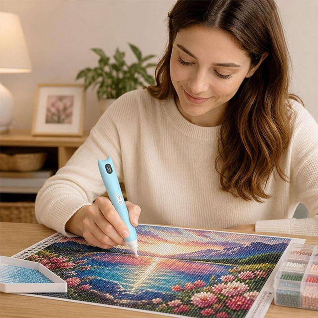 Electric Diamond Painting Pen, Lighted Rechargeable Rhinestone Applicator Tool with 3 Suction Levels, 3 LED Light Modes, Digital Battery Display & 4 Replaceable Tips for DIY Art Crafts