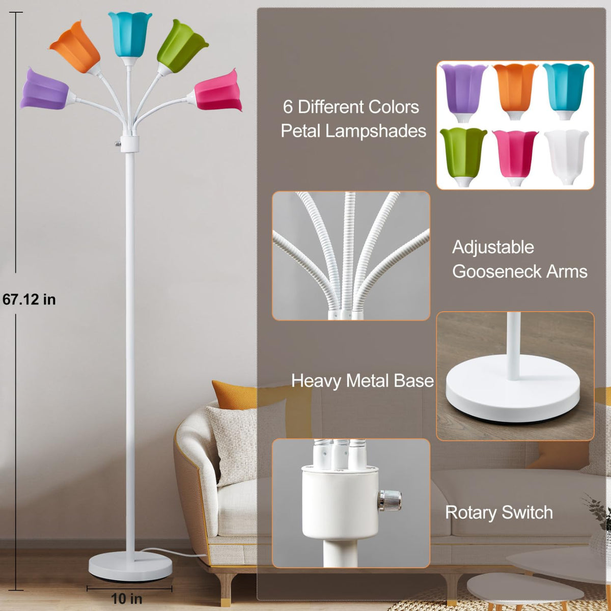 Medusa LED Floor Lamp 5 Head Midcentury Tall Standing Lamp Adjustable Gooseneck Multicolored Tulip Petal Lampshades