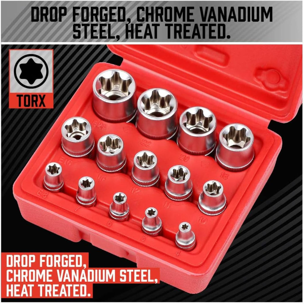 14-Piece E-TORX Socket Set – Premium Female Torx Star Bit Socket Set (E4-E24), 1/4", 3/8" & 1/2" Drive External Torx Sockets, Drop Forged Heat Treated Cr-V Steel with Blow Molded Storage Case