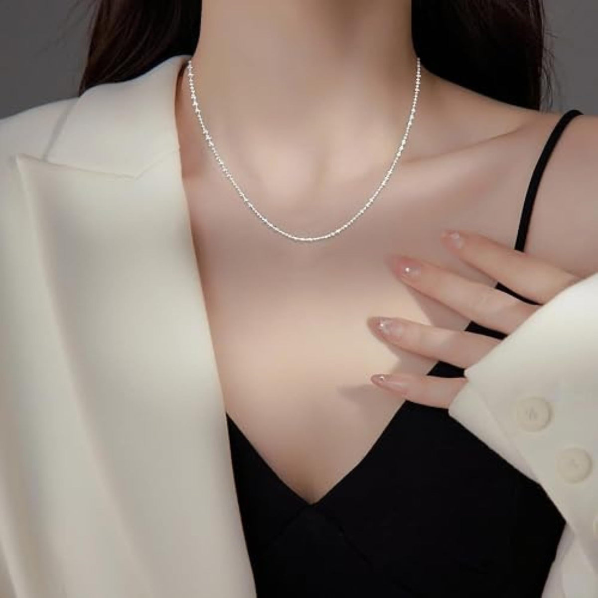925 Sterling Silver Beaded Chain Necklace for Women – Delicate Car Flower Textured Bead Collar Choker, 15.75"+1.97" Adjustable Extension Chain with Heart Charm Accent for Daily Wear & Gifting