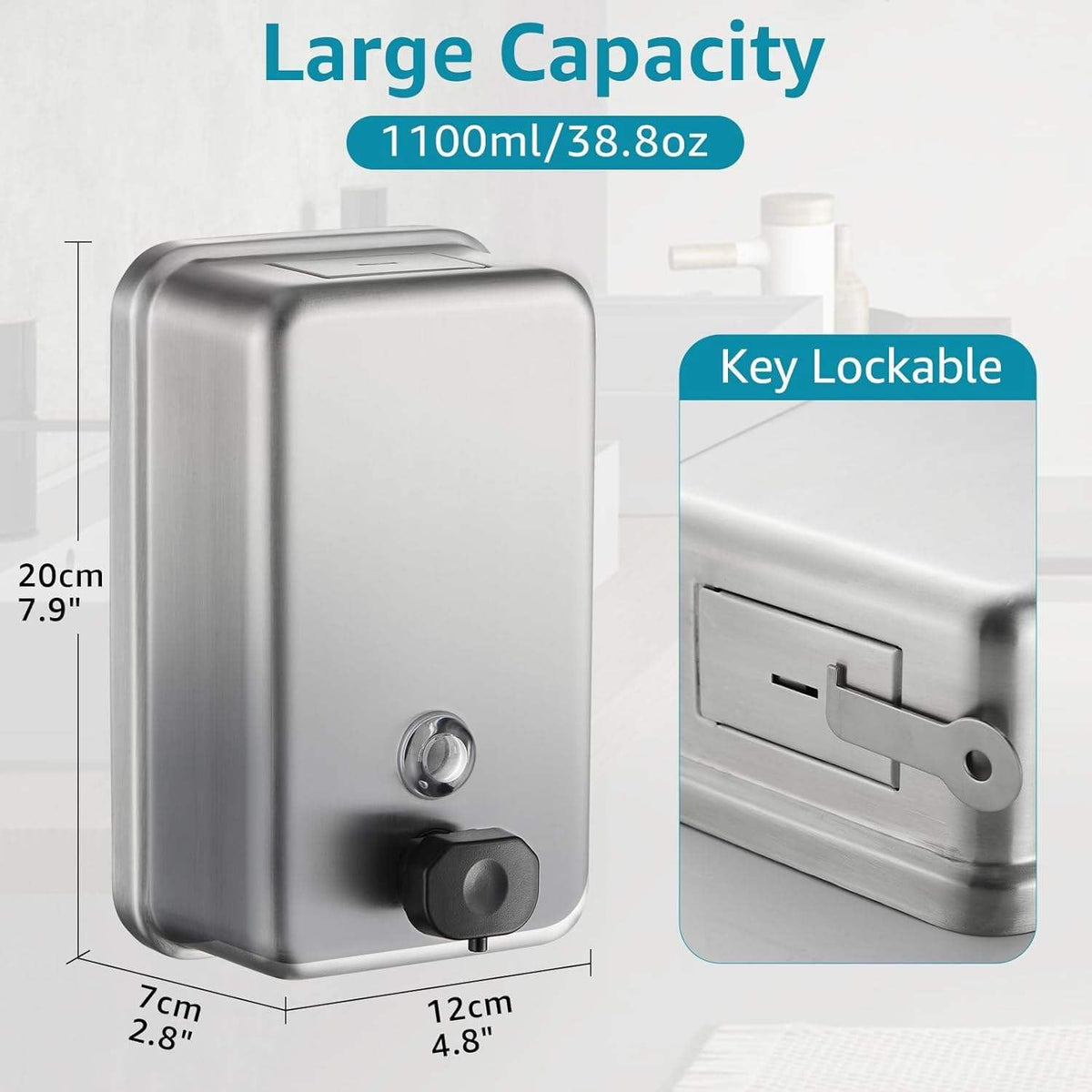 Commercial Wall Mount Stainless Steel Soap Dispenser 38.8oz / 1100ml Large Capacity