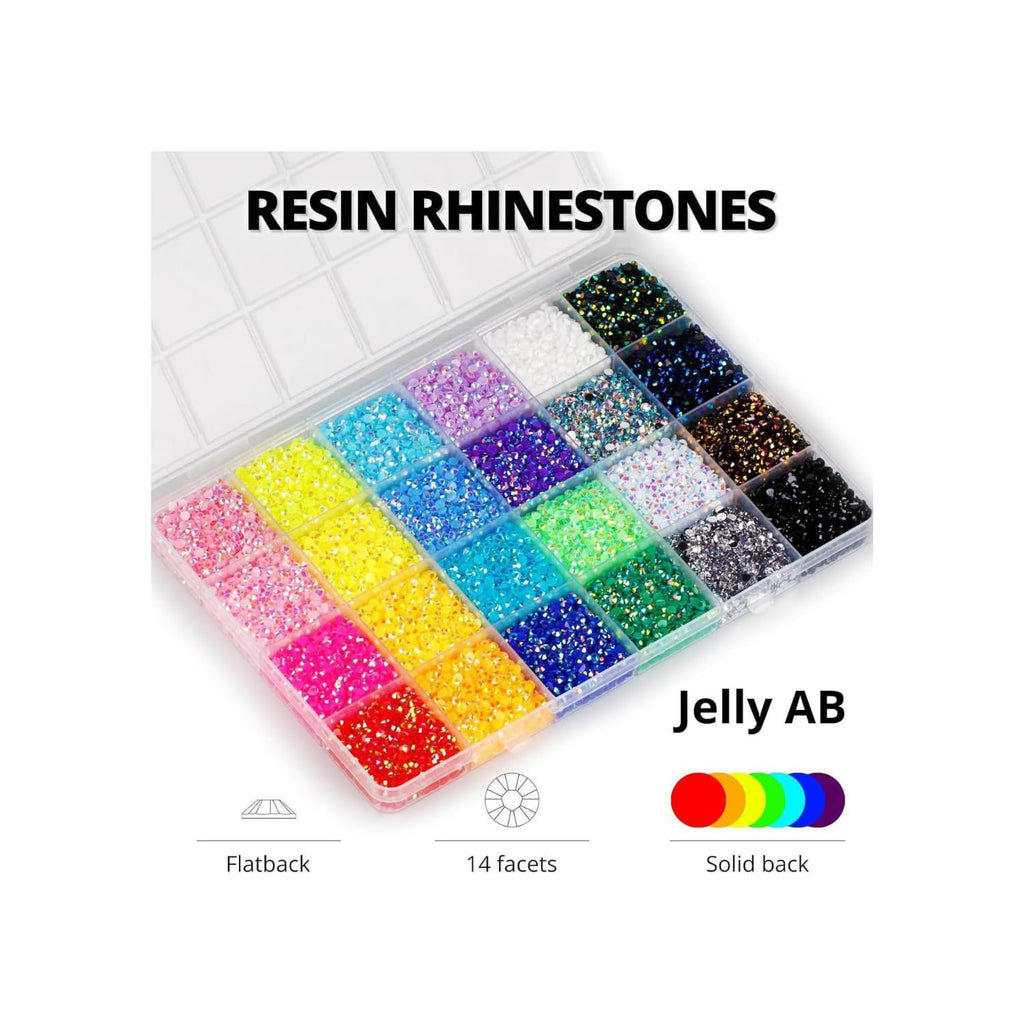 40,000 Pcs Resin Jelly AB Rhinestones Kit, 30 Colors 3mm (SS12) Flatback Rhinestone Set with B7000 Glue & Tools – 14-Facet Loose Gems for DIY Crafts, Nail Art, Tumblers, Shoes & Clothes