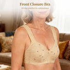 Front Closure Bra for Senior Women – Wireless Comfy Bralette with Front Snap Buttons, Soft Breathable Cotton Lining, Wide Shoulder Straps & Floral Print Accent, Full Coverage Wirefree Beige
