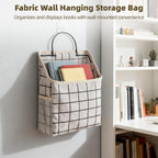 3 Pcs Fabric Wall Hanging Storage Caddy Bag Set – Small Wall-Mounted Bedroom Organizer with Adhesive Hooks, Mesh Side Pockets & Wire Metal Frame, Grey, Black & White Plaid Hanging Baskets for Books