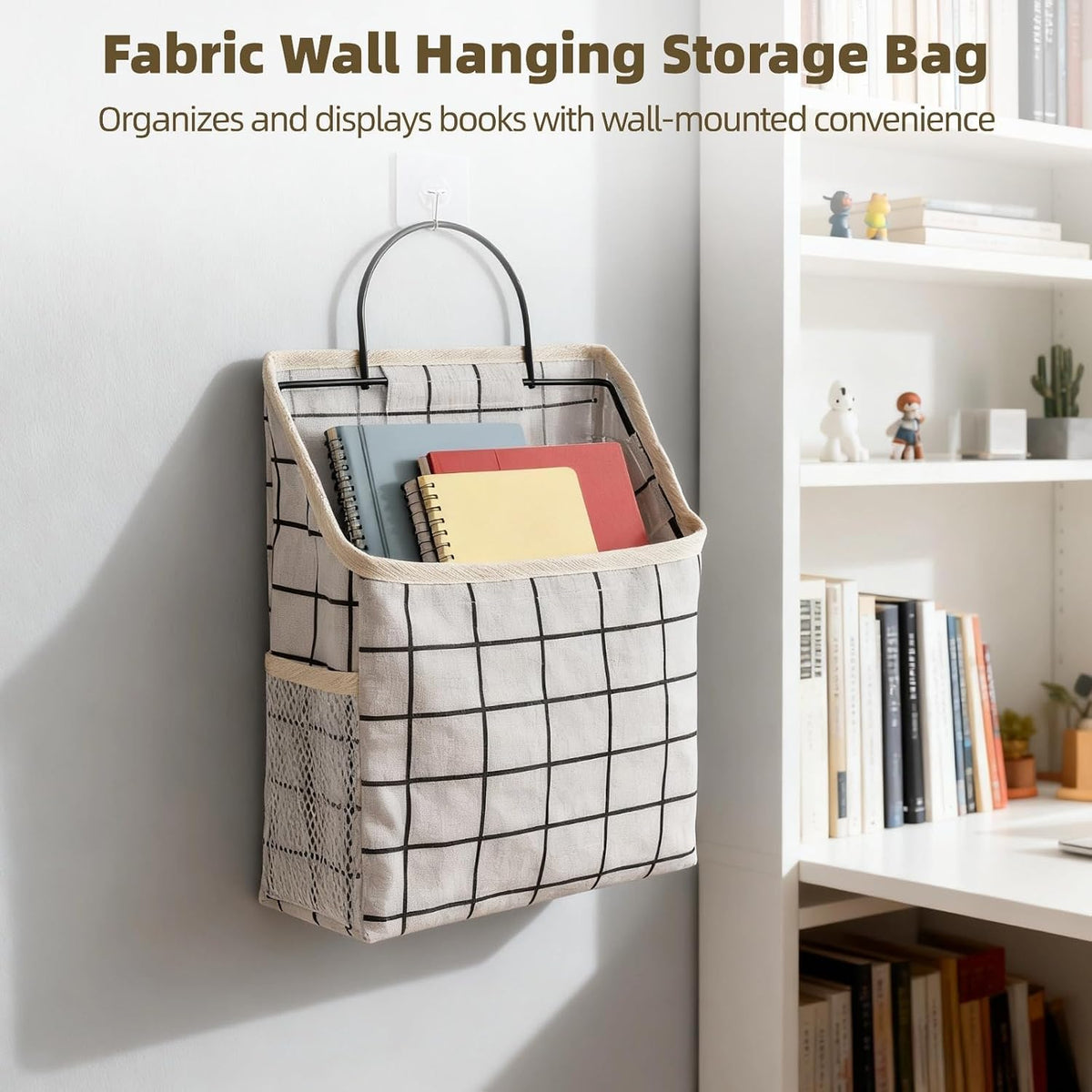3 Pcs Fabric Wall Hanging Storage Caddy Bag Set – Small Wall-Mounted Bedroom Organizer with Adhesive Hooks, Mesh Side Pockets & Wire Metal Frame, Grey, Black & White Plaid Hanging Baskets for Books