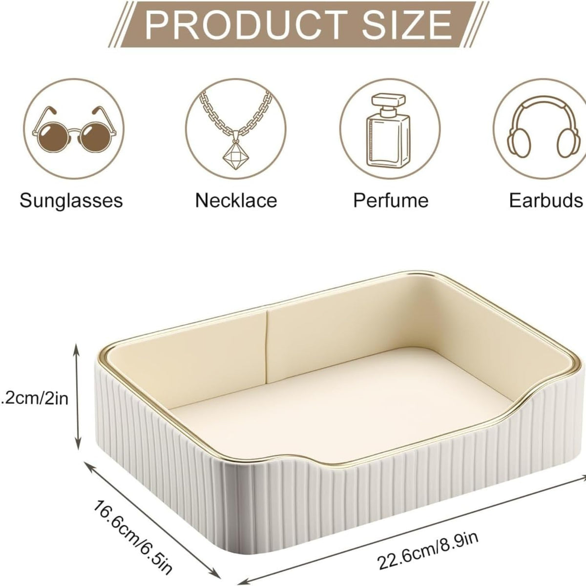 Perfume Tray, PU Leather Valet Tray Nightstand Organizer Tray, Decorative Vanity Catchall Tray with Gold Trim Rim
