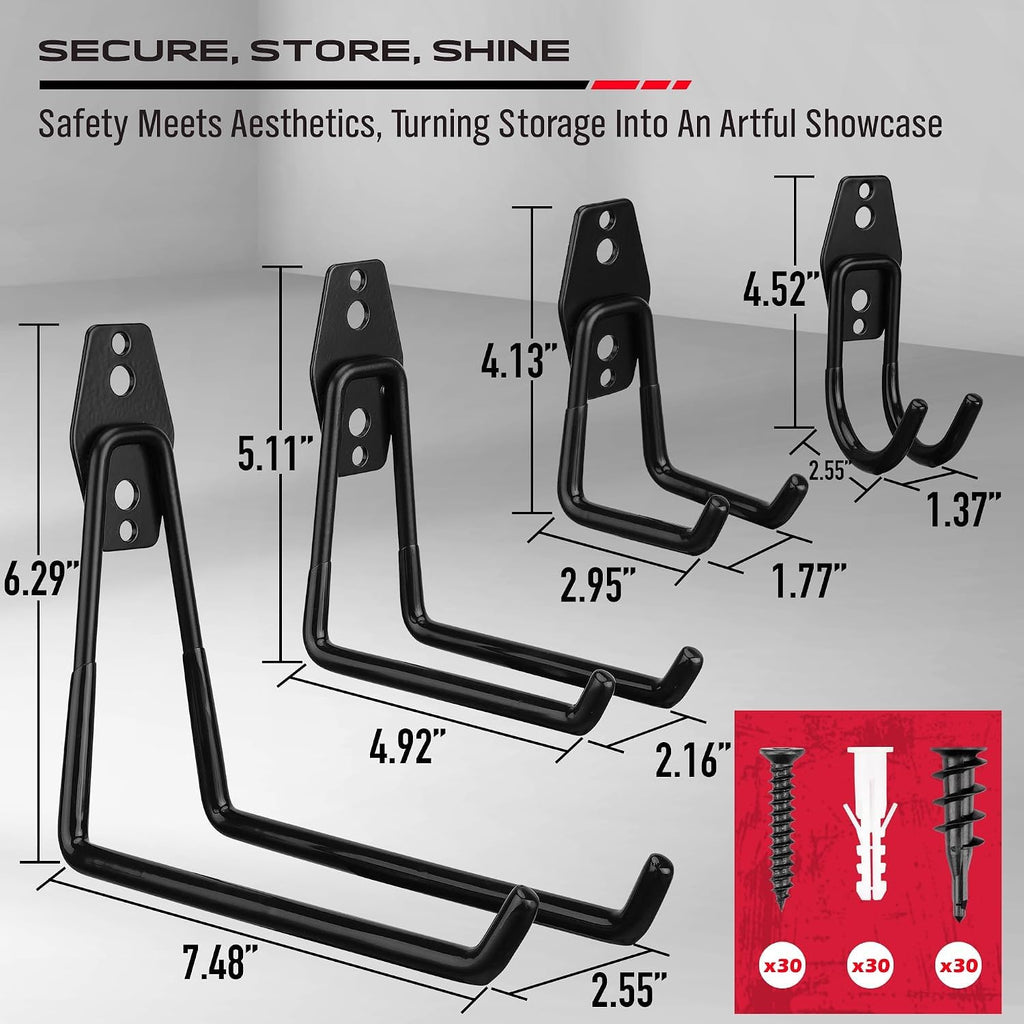 30 Pcs Garage Storage Hooks Set, Heavy Duty Steel Garage Wall Organizer Utility Hooks with Non-Slip Coating, Large Small J & Wave Hooks for Ladders, Bikes, Power Tools, Garden Shovels