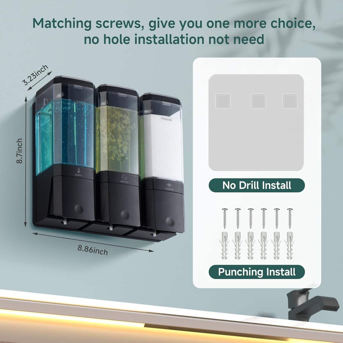 Wall Mount 3 Chamber Soap Dispenser for Shower - No Drill