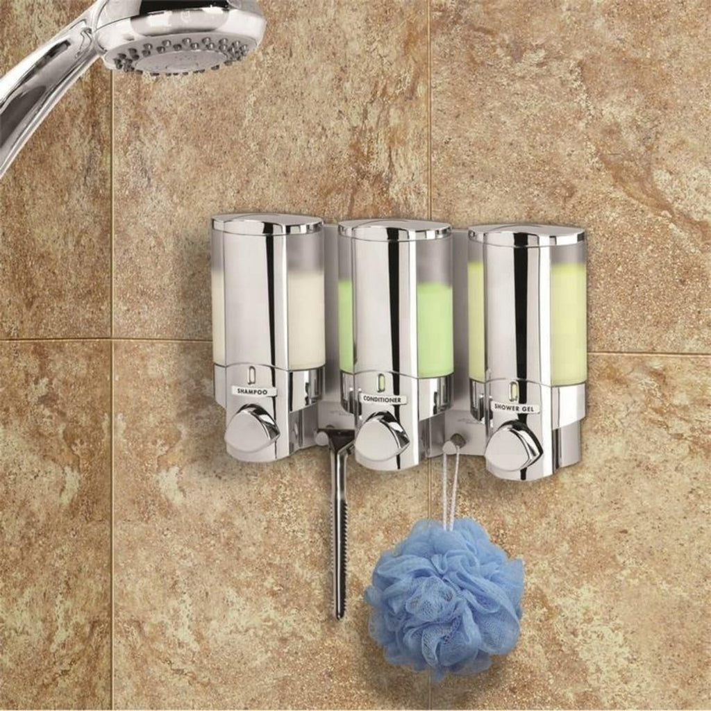 Better Living Products 3 Chamber Wall Mount Soap Dispenser - Triple Manual Liquid Pump for Shampoo, Conditioner & Shower Gel - Refillable Dispenser Set with Storage Hooks for Bathroom