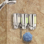 Better Living Products 3 Chamber Wall Mount Soap Dispenser - Triple Manual Liquid Pump for Shampoo, Conditioner & Shower Gel - Refillable Dispenser Set with Storage Hooks for Bathroom
