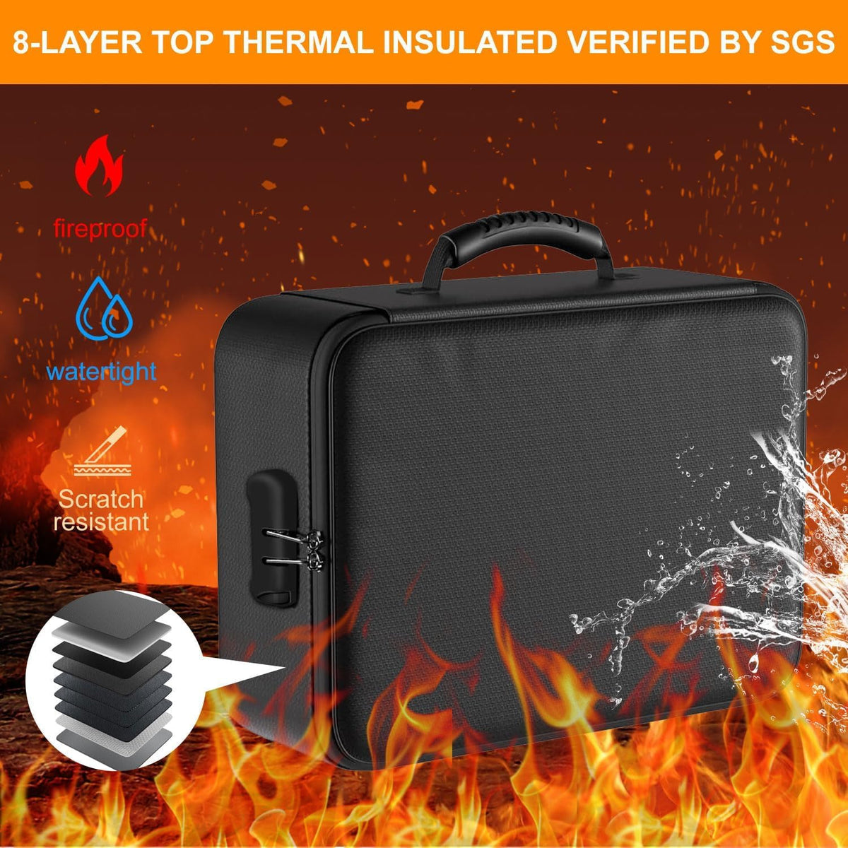 Fireproof Document Box with Lock, 8-Layer Thermal Insulated File Organizer Bag, Waterproof Leather Portable Safe Storage Box with 13 Pockets & Handle for Passports, Certificates, Laptop & Valuables