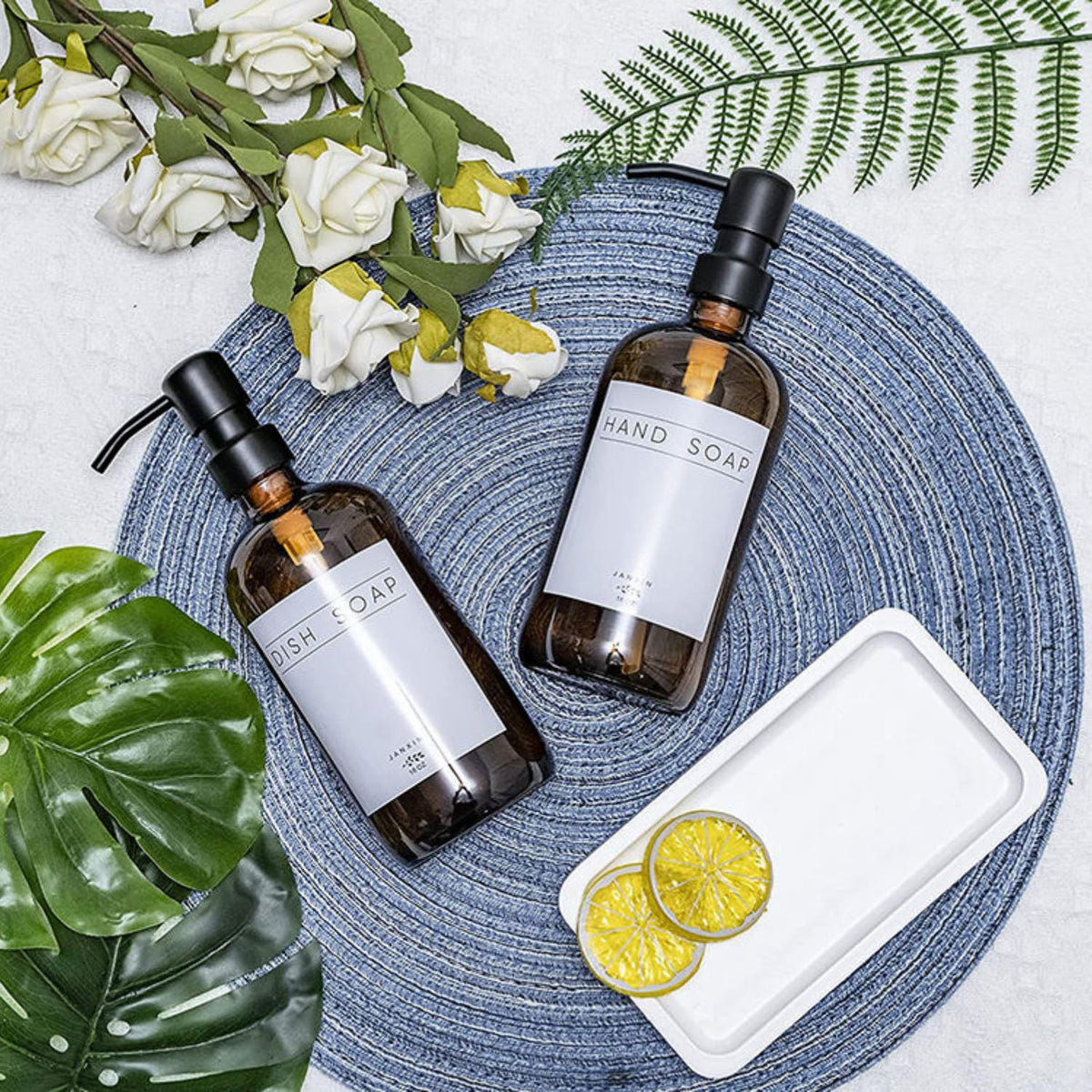 16 oz Amber Glass Soap Dispenser Set with 304 Stainless Steel Pumps – 480ml Refillable Kitchen Dish & Hand Soap Dispenser Bottles with White Catch Tray & Waterproof Labels