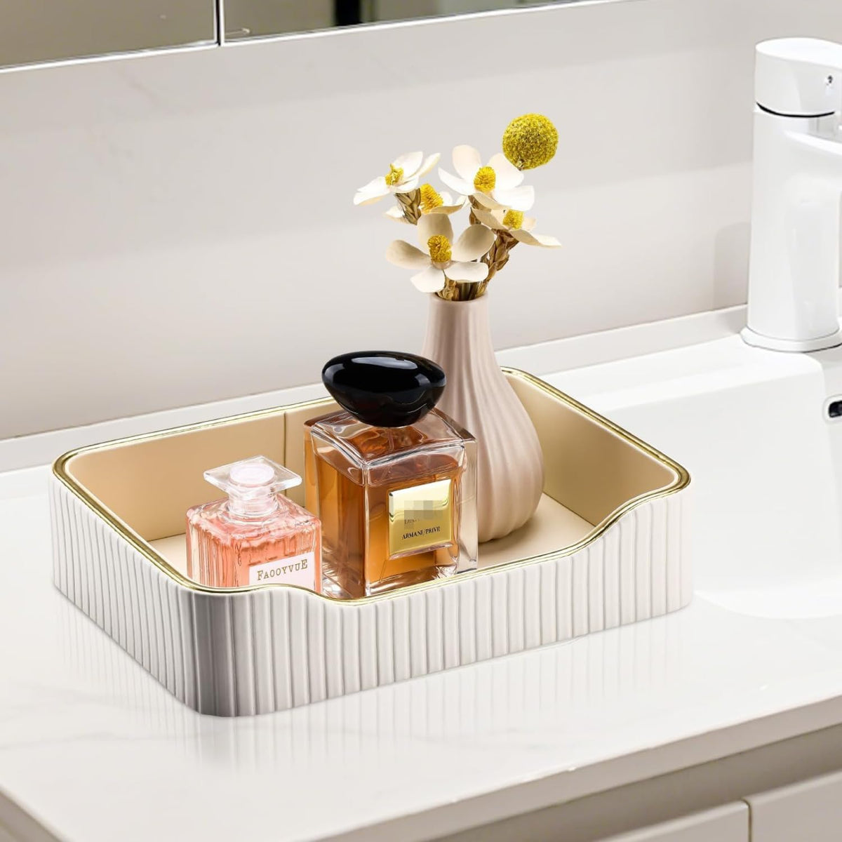 Perfume Tray, PU Leather Valet Tray Nightstand Organizer Tray, Decorative Vanity Catchall Tray with Gold Trim Rim
