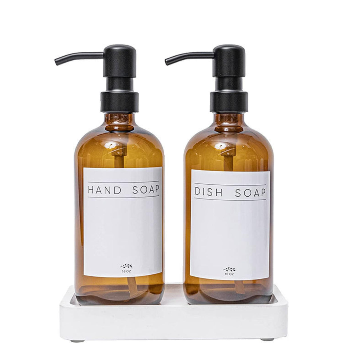 16 oz Amber Glass Soap Dispenser Set with 304 Stainless Steel Pumps – 480ml Refillable Kitchen Dish & Hand Soap Dispenser Bottles with White Catch Tray & Waterproof Labels