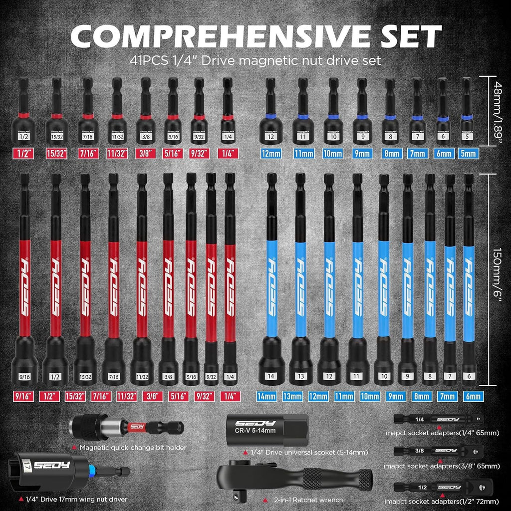 53-Piece Master Magnetic Impact Nut Driver Set – 1/4" Hex Shank Standard & Extended 6" Deep Nut Setters, SAE & Metric Sockets, Wing Nut Driver, Ratchet Wrench & Socket Adapters with Storage Cases