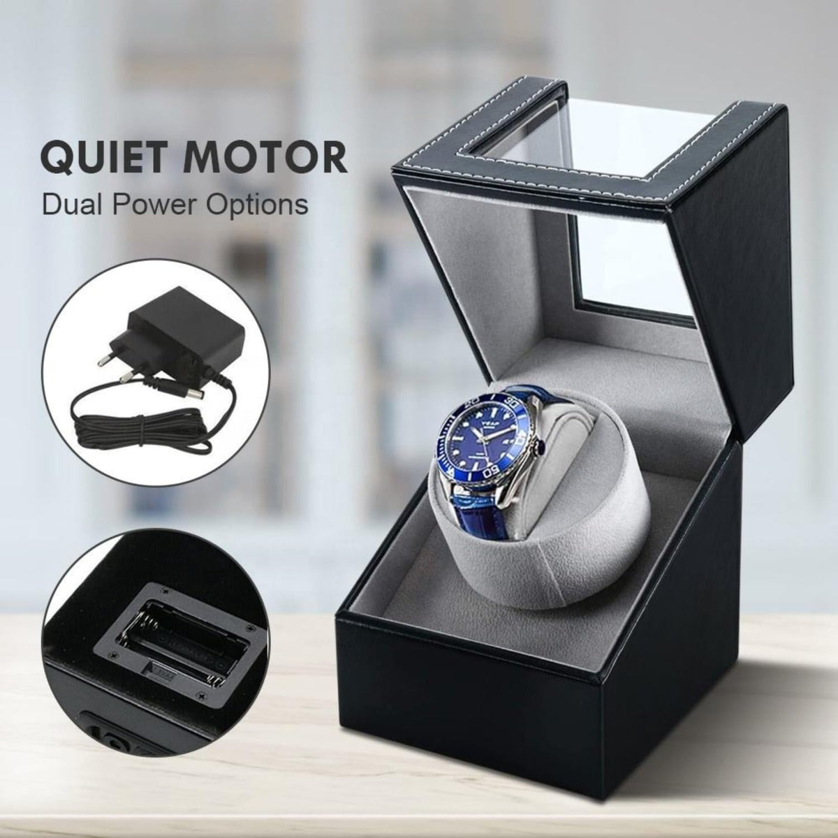 Single Watch Winder Box, Black PU Leather with Clear Window
