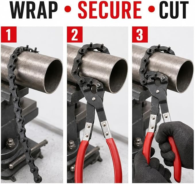 Exhaust Pipe Cutter, Chain Pipe Cutter Tool, Exhaust Cutter for Car Repair Car exhaust pipe cutting pliers with red handles and chain-style section; measures 22.8 x 5.9 x 2 cm and weighs 510 g.