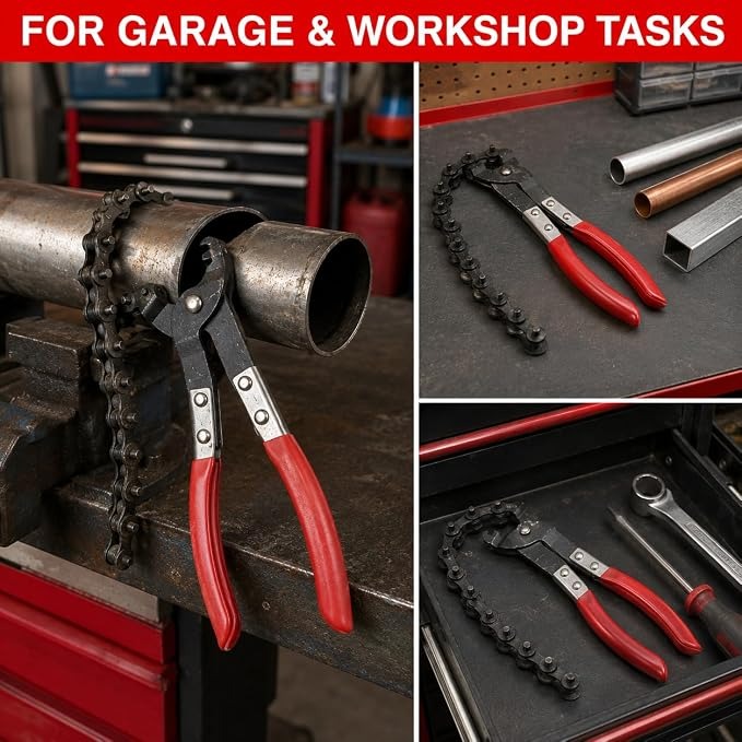 Exhaust Pipe Cutter, Chain Pipe Cutter Tool, Exhaust Cutter for Car Repair Car exhaust pipe cutting pliers with red handles and chain-style section; measures 22.8 x 5.9 x 2 cm and weighs 510 g.