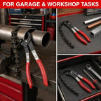 Exhaust Pipe Cutter, Chain Pipe Cutter Tool, Exhaust Cutter for Car Repair Car exhaust pipe cutting pliers with red handles and chain-style section; measures 22.8 x 5.9 x 2 cm and weighs 510 g.