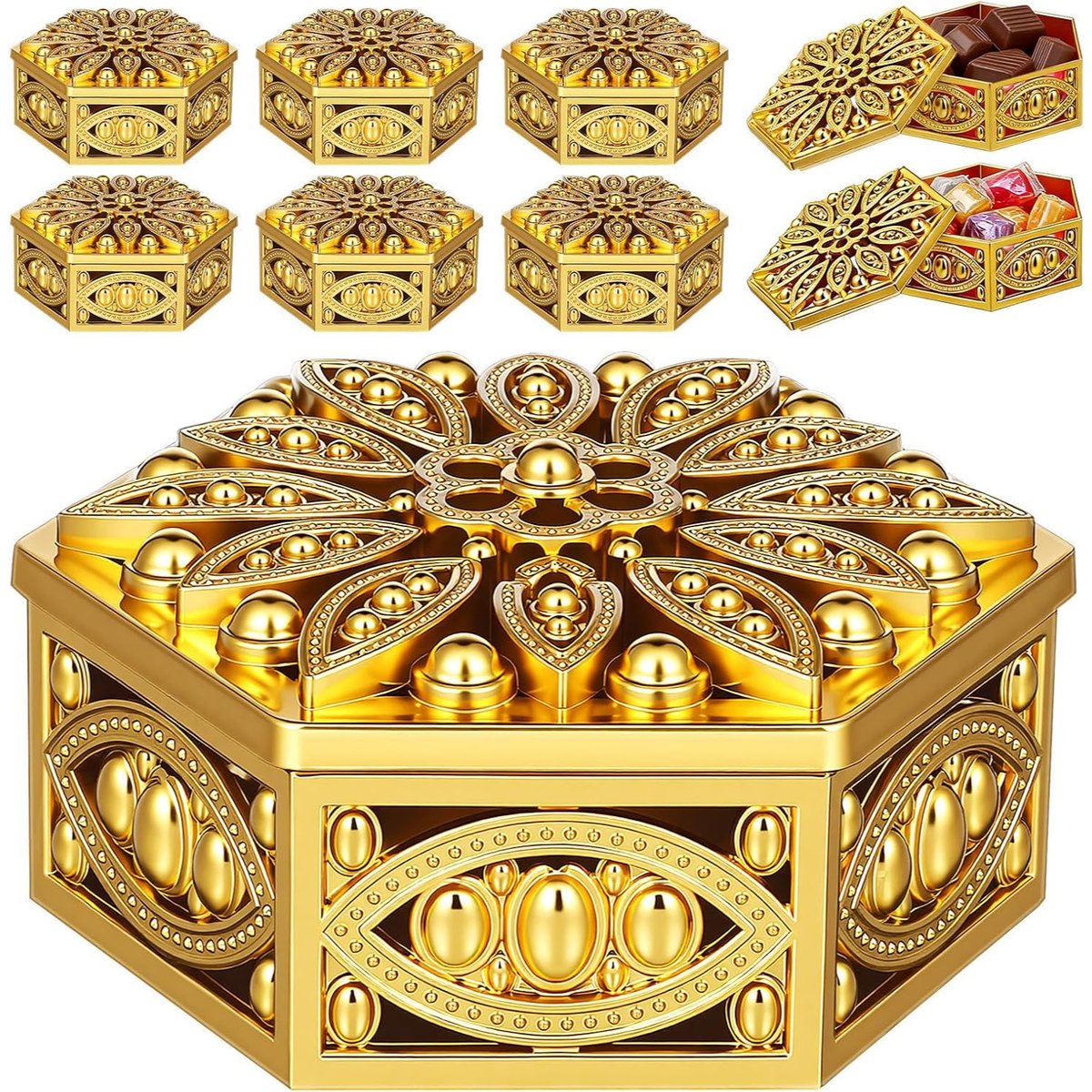 12 pcs Hexagonal Candy Gift Boxes Hollow Out Jewelry Wrapping Box for Wedding Favors Christmas Parties Candy Container Packaging 2.36 X 2.36 X 1.18 in Gold
