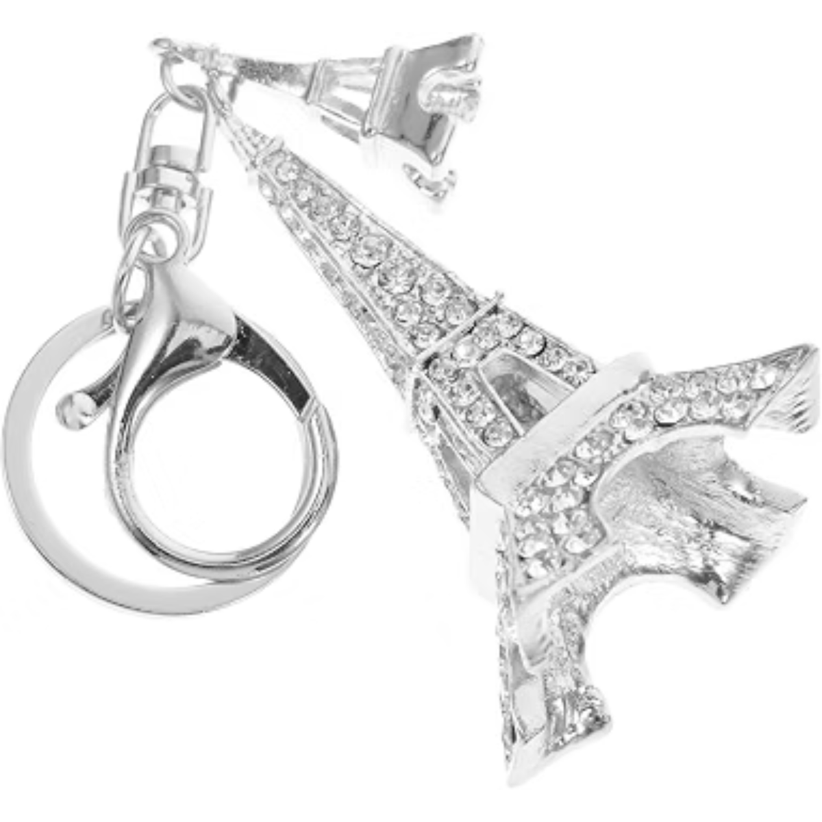 Eiffel Tower Keychain Charm with Rhinestone Zinc Alloy Silver Decor Backpack and Bag Accent, Intricate Cut Design, Versatile Style, Holiday Gifting, Longterm Use