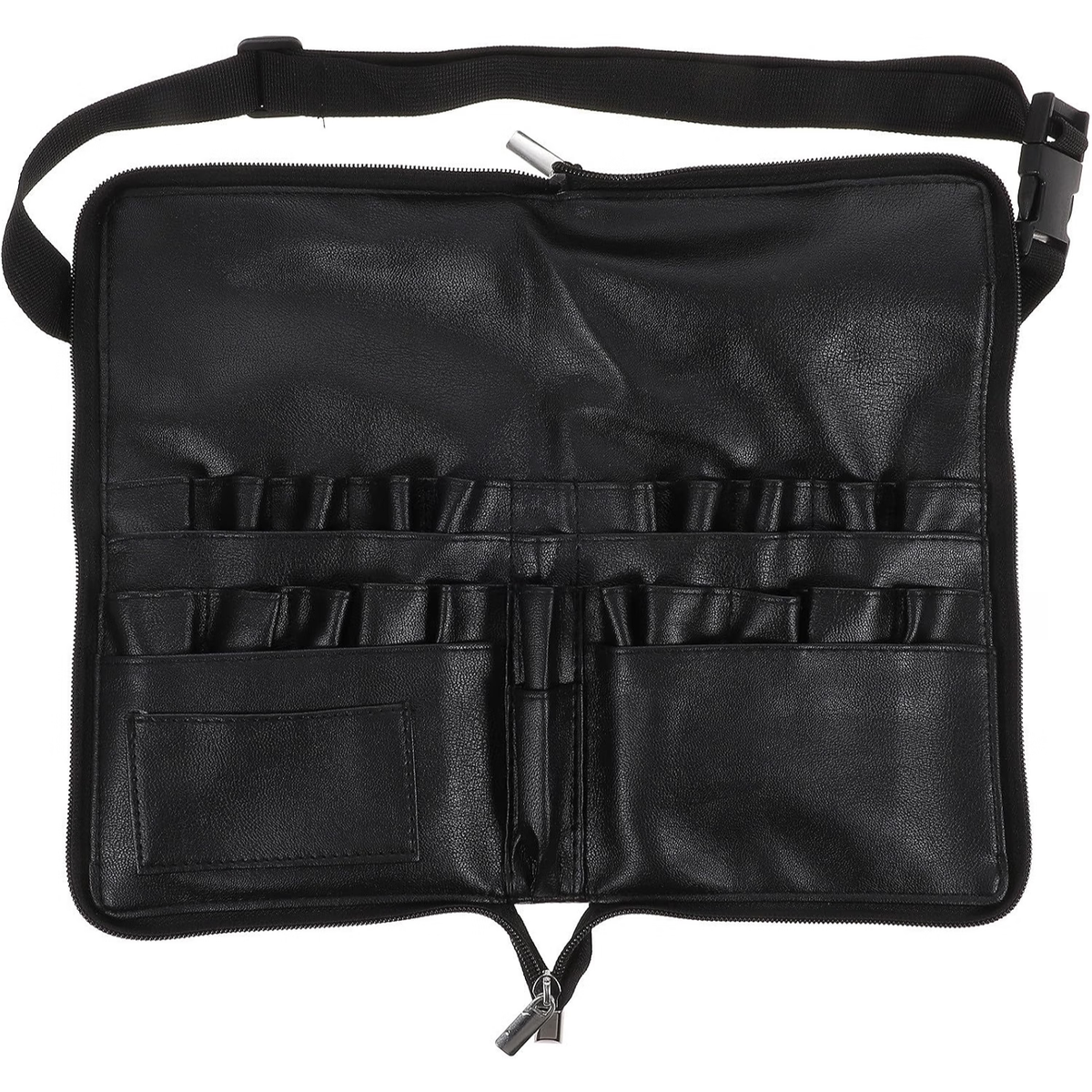 Large Cosmetic Makeup Brush Bag, PU Leather Waist Organizer with Belt Strap Compact Black Design, Lightweight Carry, Adjustable Strap, Zipper Closure, Portable Travel Storage