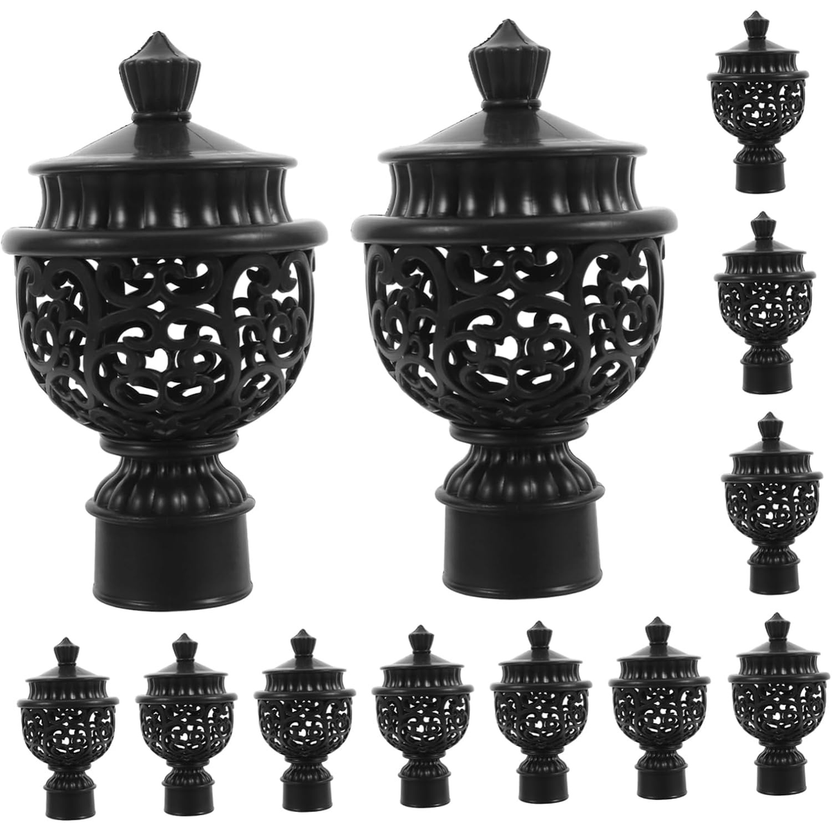 12Pcs Decorative Curtain Rod End Caps Hollow Drapery Pole Finials Replacement Head Caps for Window Treatments Home Decor 4.52X2.55X2.55In Black Plastic