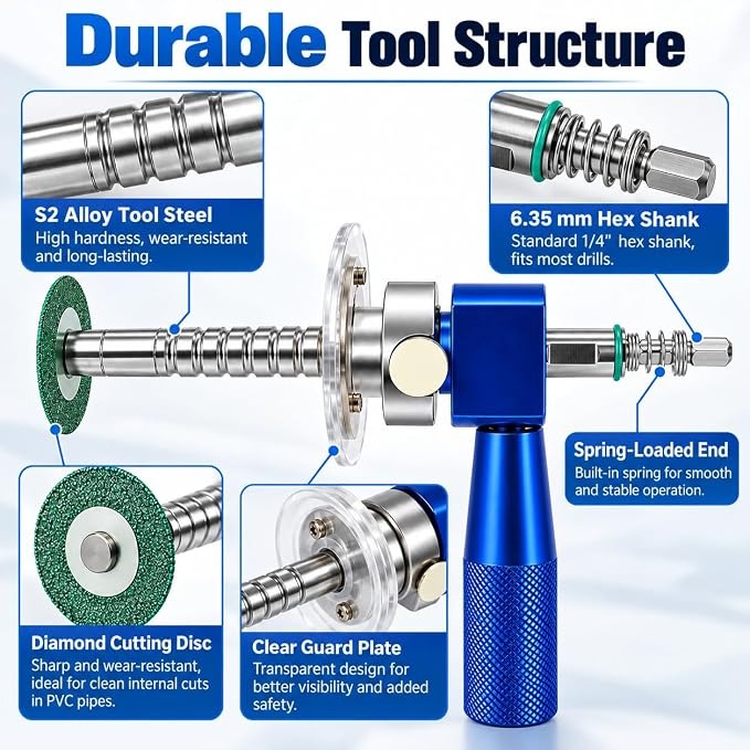 Precision PVC Internal Pipe Cutter with Diamond Cutting Disc (Red) S2 alloy tool steel adjustable depth internal pvc pipe cutter for drill use; standard, compact, and set variants available.