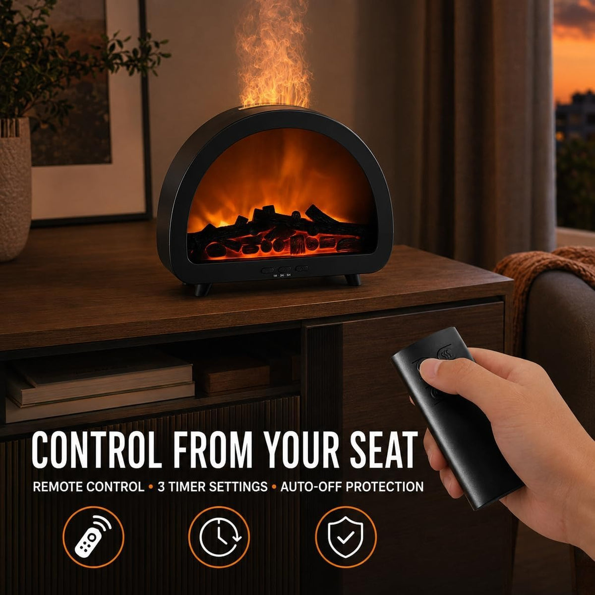 Fireplace Diffuser with Remote, Flame Diffuser for Essential Oils, 200ml (Wood Grain)