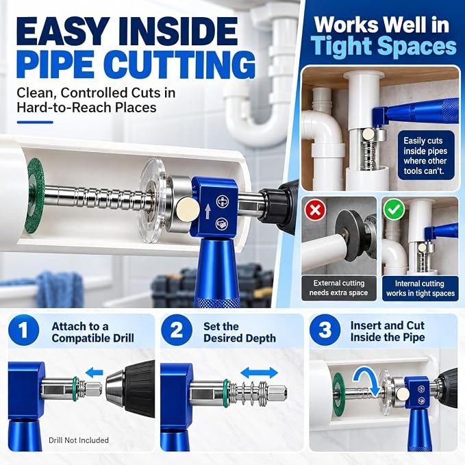 Precision PVC Internal Pipe Cutter with Diamond Cutting Disc (Red) S2 alloy tool steel adjustable depth internal pvc pipe cutter for drill use; standard, compact, and set variants available.
