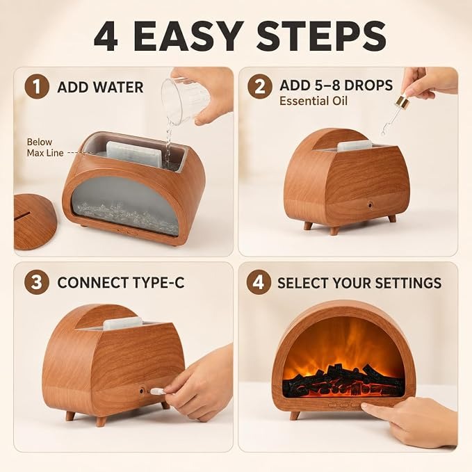 Fireplace Diffuser with Remote, Flame Diffuser for Essential Oils, 200ml (Wood Grain)